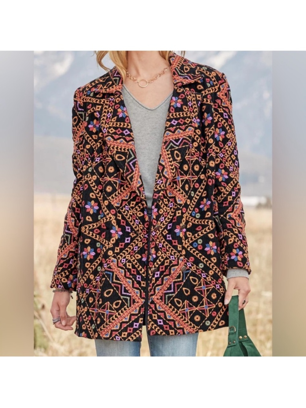 FARM Rio Black Embroidered Geometric & Floral Blazer small